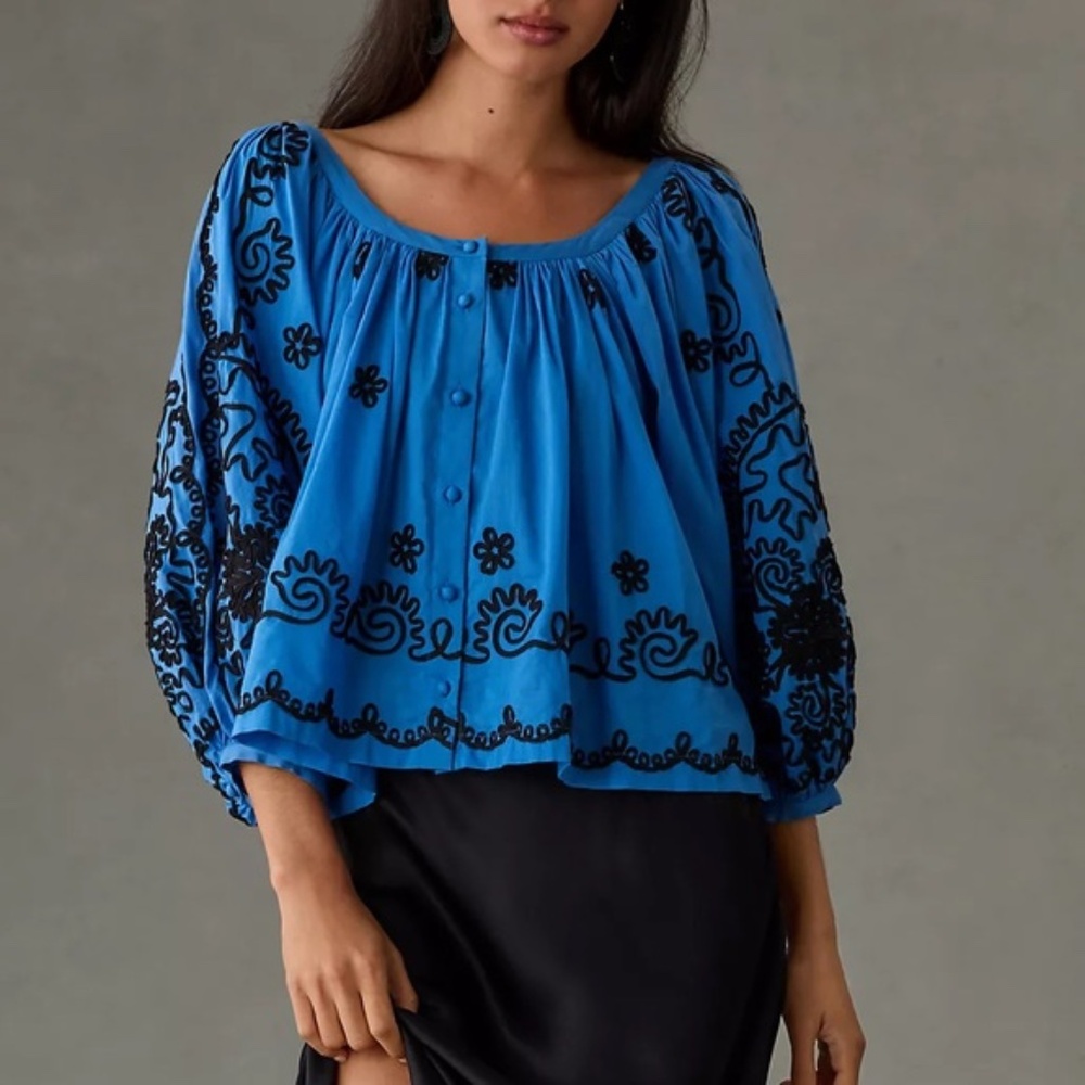 Rhode Trish Relaxed Two Tone Embroidered Peasant Blouse Size Medium Pacific Blue